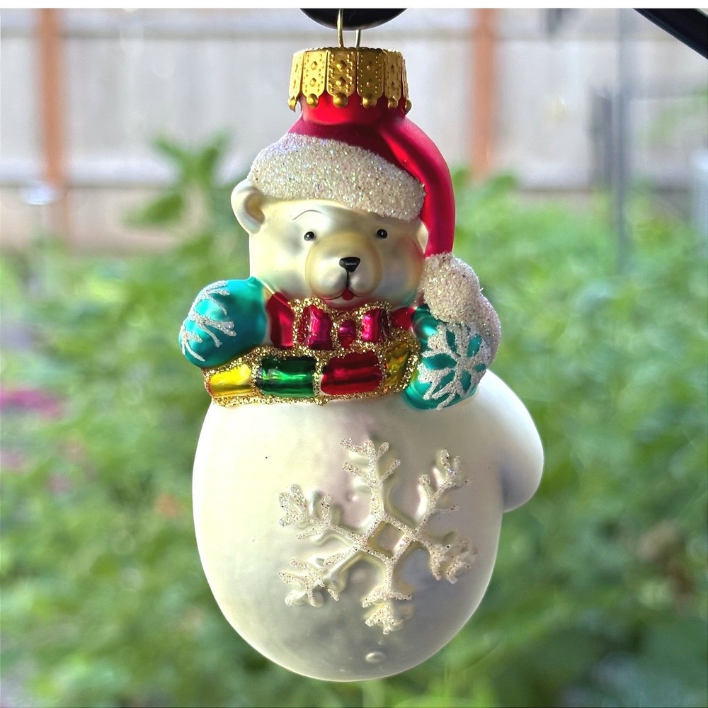 Unique Treasures Polar Bear in Mitten Glass Christmas Ornament